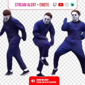 Op de afbeelding: Een digitale afbeelding met drie figuren in witte maskers en donkerblauwe overalls in verschillende danshoudingen. De bovenste tekst luidt STREAM ALERT + EMOTE met platformiconen. Het onderste rode vak bevat de tekst SOUND INCLUDED PREVIEW LINK IN THE DESCRIPTION.