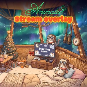 Puede incluir: Ilustración de superposición de transmisión animada que presenta un interior acogedor de globo aerostático. La escena incluye un árbol de Navidad, una mesa con tazas y dos gatos con sombreros de aviador. El monitor muestra "Starting soon".