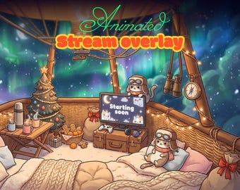 Superposition de streaming de ballons de nuit d'hiver et de neige confortable. Aurores boréales.  Bientôt de retour sur Twitch Discord Kick OBS. Vacances d'hiver