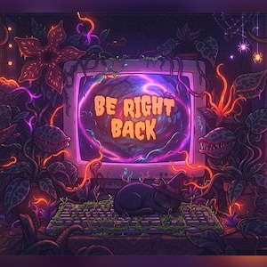 May include: A digital illustration of a vintage computer monitor displaying the text BE RIGHT BACK in orange letters. A black cat wearing a witch hat sleeps on a keyboard. The scene is surrounded by glowing orange jack-o'-lanterns and plants.