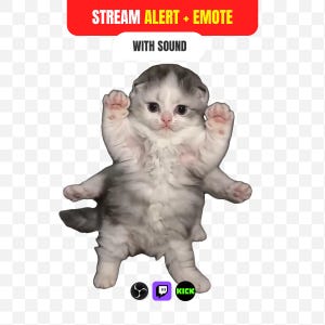 May include: A digital graphic featuring a fluffy gray and white kitten with multiple paws raised, positioned below a red banner with the text STREAM ALERT + EMOTE and the text WITH SOUND. Small circular icons for streaming platforms are at the bottom.