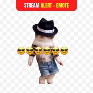 Puede incluir: Imagen digital de un gato con sombrero fedora negro, pantalones cortos de mezclilla y emojis de gafas de sol. Una pancarta roja en la parte superior dice "STREAM ALERT + EMOTE".
