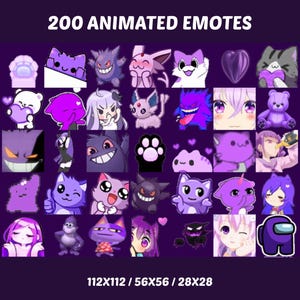 May include: A collection of 200 animated emotes in various designs, including cartoon characters, hearts, and paw prints, in shades of purple and white. The text "200 ANIMATED EMOTES" is at the top, with size dimensions at the bottom.