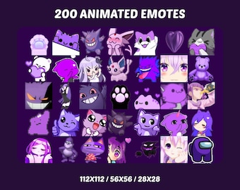 200 animated purple emotes. anime, manga, pokemon emotes for Twitch, YouTube and Discord stream. moon reactions, Twitch Emotes for streaming
