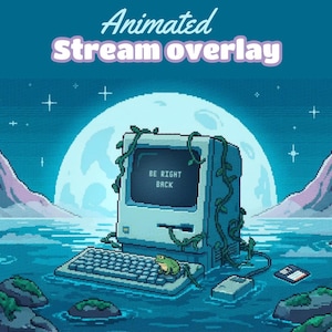 May include: Pixel art stream overlay featuring a vintage computer submerged in water, with the text "BE RIGHT BACK" on the screen. The scene includes a frog, keyboard, mouse, and a floppy disk, set against a backdrop of a full moon and mountains.