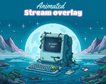 Sovrapposizione di flusso di pixel art animato, sovrapposizione di Twitch per computer Dreamcore retrò, schermata BRB Lofi, chiaro di luna