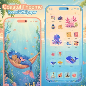 May include: A digital coastal theme set for mobile devices featuring icons and wallpaper. The display shows a mermaid sleeping in a hammock underwater, alongside app icons depicting an axolotl, octopus, whale, seashells, and a sandcastle.