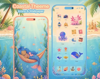 Summer Coastal App Icons iOS & Android | Ocean Beach Aesthetic iPhone Theme | Cute Mermaid Sea Wallpapers Widgets | Kawaii Home Screen