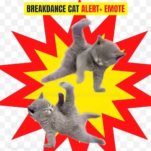 Puede incluir: Ilustración digital de dos gatos grises en poses de breakdance sobre un fondo de explosión amarillo y rojo. El texto "BREAKDANCE CAT ALERT+ EMOTE" se muestra en la parte superior. Los gatos son el elemento central de este diseño lúdico.