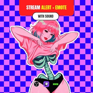 May include: A digital illustration of a character with pink hair lifting a pink shirt to reveal a green skeletal torso. The background is a blue and purple checkerboard pattern. Text at the top reads STREAM ALERT + EMOTE and WITH SOUND.