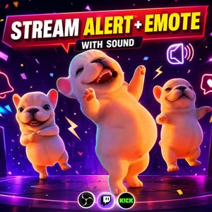May include: Digital artwork showing three cartoon French bulldogs with happy faces. The image includes the text "STREAM ALERT + EMOTE WITH SOUND" in a banner. The background is a vibrant purple with sound and social media icons.