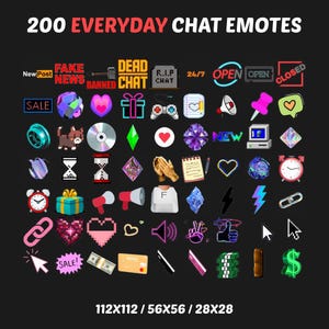 Op de afbeelding: Een verzameling van 200 alledaagse chat-emotes op een zwarte achtergrond. Emotes omvatten harten, dollartekens, bliksemschichten en tekstballonnen. Tekst bevat "SALE", "NEW" en "CLOSED". De beeldformaten zijn 112x112, 56x56 en 28x28 pixels.