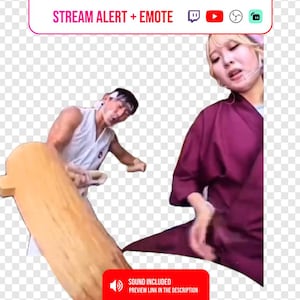 Puede incluir: Imagen con dos personas, una sosteniendo un objeto de madera y la otra con una túnica morada. La imagen incluye el texto "STREAM ALERT + EMOTE" y un cuadro rojo con el texto "SOUND INCLUDED PREVIEW LINK IN THE DESCRIPTION".