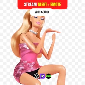 May include: A blonde doll wearing a metallic pink strapless dress and a silver rhinestone choker necklace. Above the doll, a red banner reads STREAM ALERT + EMOTE and a white banner reads WITH SOUND. Three small circular icons are at the bottom.