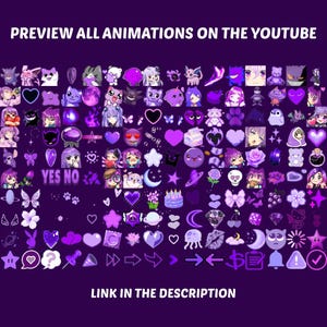 May include: A purple graphic with various animated icons and text that reads "PREVIEW ALL ANIMATIONS ON THE YOUTUBE" and "LINK IN THE DESCRIPTION". The icons include hearts, stars, and character illustrations.