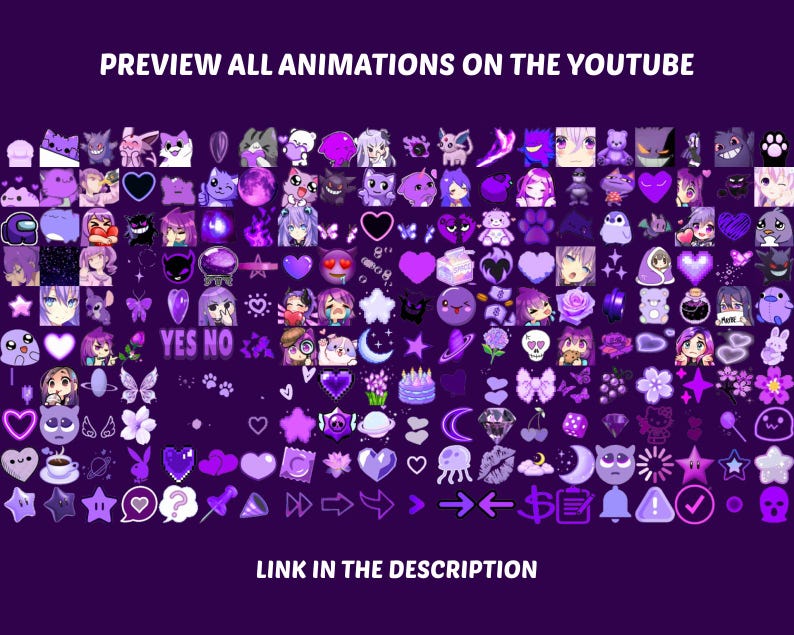 May include: A purple graphic with various animated icons and text that reads "PREVIEW ALL ANIMATIONS ON THE YOUTUBE" and "LINK IN THE DESCRIPTION". The icons include hearts, stars, and character illustrations.
