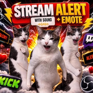 Peut inclure: Graphique dynamique avec trois chats à la bouche ouverte, sur fond d'éclairs et d'explosions. Le texte comprend "STREAM ALERT + EMOTE" et "ALERT!" avec les logos Twitch et OBS, et un bouton "KICK".