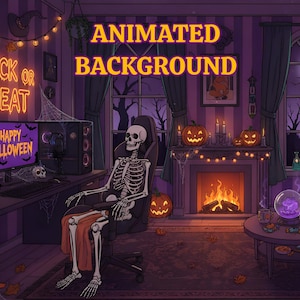 以下が含まれることがあります： ハロウィーンのアニメーション背景イラスト。 骸骨が、暖炉、カボチャ、コンピューターのある紫色の部屋のゲーミングチェアに座っています。 「TRICK OR TREAT」と「HAPPY HALLOWEEN」の文字が見えます。
