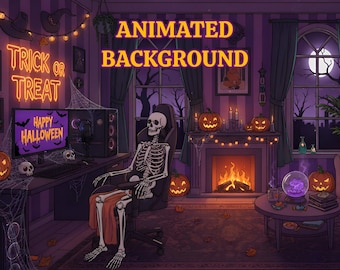 Halloween Vtuber Background Spooky Witch Room Overlay for Twitch YouTube Discord Streaming Scene Purple Gothic Cozy Aesthetic Digital
