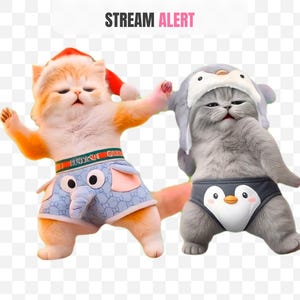 Puede incluir: Dos gatos disfrazados. Uno es naranja y blanco, con un pañal con temática de elefante y un gorro de Papá Noel. El otro es gris, con un pañal con temática de pingüino y un gorro de pingüino. El texto "STREAM ALERT" está en la parte superior.