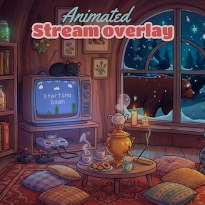 Könnte beinhalten: Eine animierte Stream-Overlay-Illustration mit einem gemütlichen Raum mit einem Retro-TV, auf dem "Starting Soon" angezeigt wird. Ein Bär blickt aus einem verschneiten Fenster. Eine schwarze Katze liegt auf dem Fernseher, und eine graue Katze sitzt daneben. Der Raum umfasst ein Bücherregal, einen Tisch und Kissen.