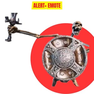 May include: A skeletal figure with a shield and a weapon, set against a red backdrop. The shield is round with a detailed metallic design. The figure is holding a weapon aloft, and the text "ALERT+ EMOTE" is in a yellow box.