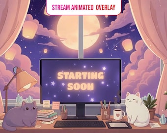 居心地の良いストリーミングオーバーレイアニメーション猫ムーンTwitch Discordまもなく開始すぐに戻りますストリーム終了オフラインかわいいストリーマー