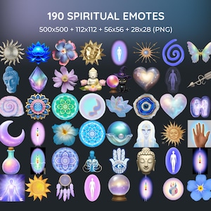 May include: A collection of 190 spiritual emotes in PNG format. The emotes feature various symbols, including suns, flowers, crystals, Buddhas, hearts, and human figures, in shades of blue, purple, gold, and white. The text "190 SPIRITUAL EMOTES" is at the top.