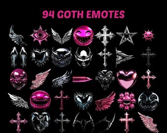 94 Goth Emotes Pack for Twitch Discord Kick, Cyber Y2K Chrome Pink Black Edgy Emotes, Grunge Alt Aesthetic Gamer Girl Streamer PNG Kit