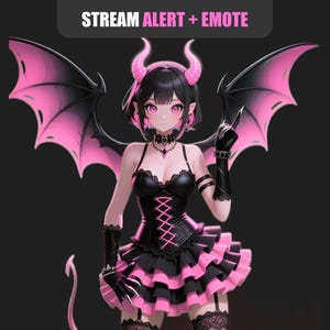 May include: Digital illustration of a female anime-style character in a black and pink devil costume. The character has pink horns, wings, and a tail. The outfit includes a corset, ruffled skirt, and gloves. Text at the top reads "STREAM ALERT + EMOTE".