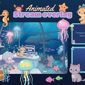 アニメーションTwitchオーバーレイパッケージ 水中猫、かわいい海流スクリーン、居心地の良いVtuber背景、Lofi水族館の美学、Kick OBS Webm