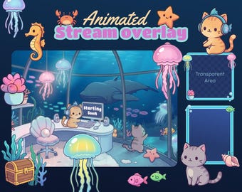 Chat sous-marin animé avec superposition de Twitch, Écrans mignons Ocean Stream, Fond Vtuber confortable, Esthétique pour aquarium Lofi, Kick OBS Webm