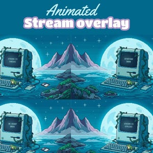 Peut inclure: Overlay de flux anim&eacute; avec un pixel art d'un ordinateur vintage dans l'eau, avec un clavier, une souris et une disquette. L'&eacute;cran de l'ordinateur affiche du texte. Une pleine lune et des montagnes sont en arri&egrave;re-plan. Le texte "Animated Stream overlay" est en haut.