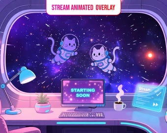 May include: Animated stream overlay featuring two cartoon cats in space suits floating in a starry galaxy. The desktop setup includes a monitor displaying "STARTING SOON", a keyboard, and a coffee cup. The text "STREAM ANIMATED OVERLAY" is at the top.
