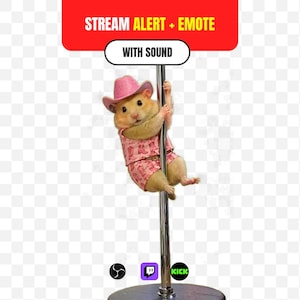 May include: A hamster wearing a pink cowboy hat and a matching pink vest and shorts with a boot pattern, clinging to a vertical silver pole. Above the hamster is a red sign with the text STREAM ALERT + EMOTE WITH SOUND.