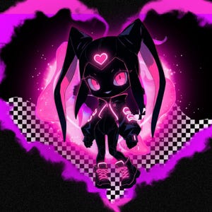 Puede incluir: Ilustración de un personaje negro de estilo anime con orejas largas, ojos rosas y un adorno para la cabeza en forma de corazón. El personaje está delineado en rosa, sobre un fondo rosa en forma de corazón con un patrón de tablero de ajedrez.