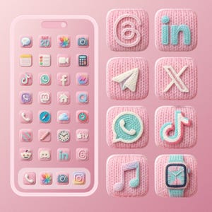 May include: A pink smartphone screen and app icons with a knitted texture. The icons include social media, calendar, and camera symbols. The apps are in shades of pink, blue, and white.