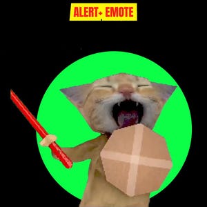May include: A digital illustration of a cat with an open mouth, holding a red sword and a brown shield. The cat is set against a green circle and a black background. The text "ALERT + EMOTE" is in a yellow rectangle at the top.