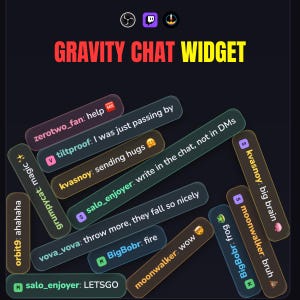 Può includere: Una grafica Gravity Chat Widget che mostra vari messaggi di chat in bolle rettangolari arrotondate e traslucide su uno sfondo scuro. Il testo include nomi utente, commenti con emoji e icone per OBS, Twitch e un razzo.