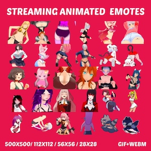 Peut inclure: Un ensemble d'émoticônes animées sur fond rouge. Les émoticônes présentent divers personnages de style anime dans différentes poses et tenues. Le texte "STREAMING ANIMATED EMOTES" est en haut. L'image comprend également des spécifications de taille : 500x500, 112x112, 56x56 et 28x28.