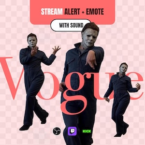 May include: A digital graphic featuring three figures wearing dark blue jumpsuits and white masks, posing in a dance style. The text reads STREAM ALERT + EMOTE WITH SOUND and VOGUE. Icons for OBS, Twitch, and Kick are visible at the bottom.