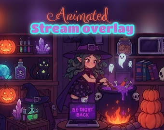 Halloween Witch Stream Overlay | Starting Soon Be Right Back Offline Ending Soon Screens | Cute Cauldron Animated Twitch Kick OBS Pack
