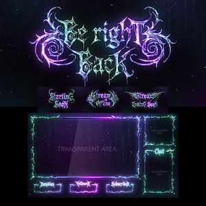 May include: Digital overlay design with a dark background and neon green and purple accents. The text "Be right Back" is at the top, with other text elements including "Starting Soon", "Stream is Offline", and "Stream Ending Soon".
