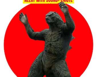 May include: A Godzilla figure in a dynamic pose, set against a vibrant red circle. The figure is a detailed representation of the iconic monster, with text at the top that reads "ALERT WITH SOUND+ EMOTE".