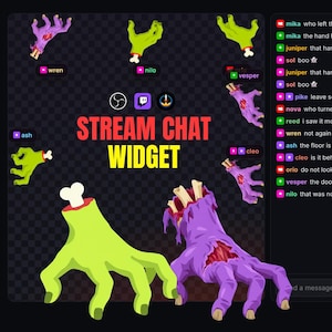 Può includere: Un widget per chat in streaming digitale con mani da zombie mozzate in verde lime e viola. Il testo STREAM CHAT WIDGET è centrato con icone per OBS, Twitch e un razzo. Diverse mani sono etichettate con i nomi degli utenti.