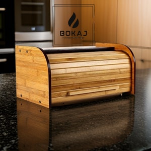 Wooden Bread Bin | 39 x 29 x 23cm | Natural Bamboo Wood | Container with Roll-Top | Bread Box Storage for Every Kitchen