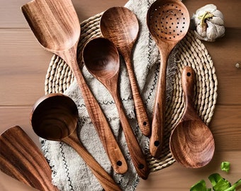 Ensemble d'ustensiles de cuisine en teck de qualité supérieure | Ensemble de 5/7 pièces | Ensemble de cuillères de cuisine en bois | Ensemble d'ustensiles de cuisine en bois naturel | Bois de Slovénie