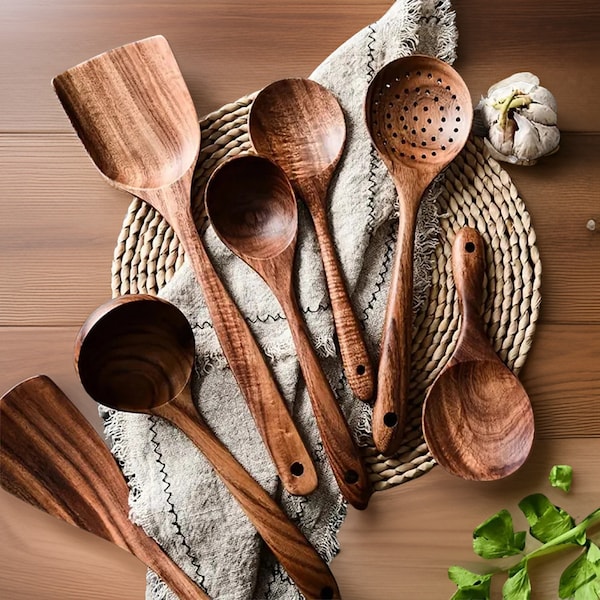 Premium Teak Holz Küchenutensilien Set | 5/7 Teiliges Set | Kochlöffel Set | Natürliche Holz Utensilo Küchenset | Holz Aus Slowenien