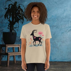 Short-Sleeve Unisex T-Shirt.Goat with Flowers T-Shirt | Chinese Zodiac Goat | Oriental Design Tee