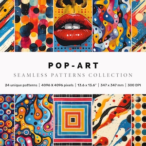 May include: A collection of 24 unique pop art seamless patterns featuring bright colors, geometric shapes, and bold lines. The patterns are 4096 x 4096 pixels and are perfect for digital and print projects.